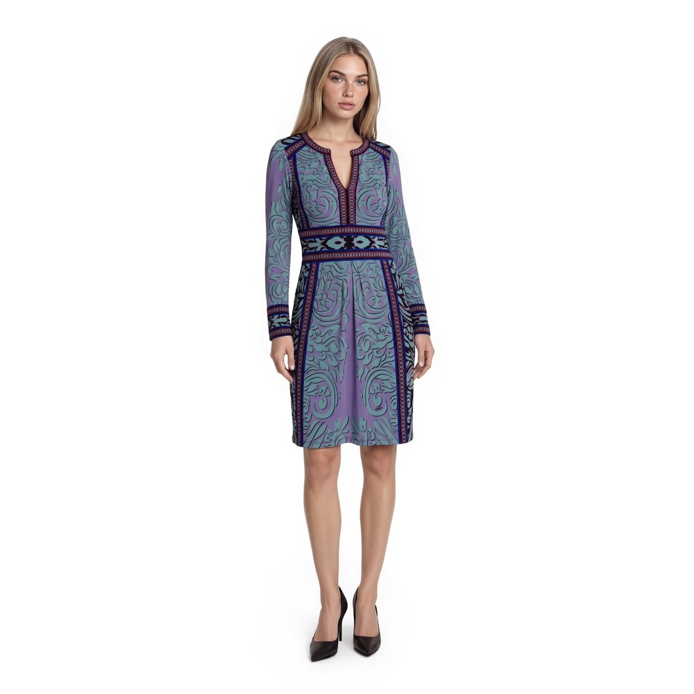 Hale Bob Dress Women's Size Small Purple Aqua Pink Paisley Long Sleeve Boho